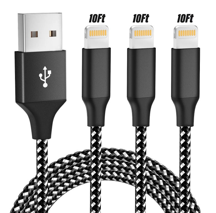 3-PACK 10 FT USB Data Fast Charger Cable For Apple iPhone 5 6 7 8 X 11 12 13 MAX