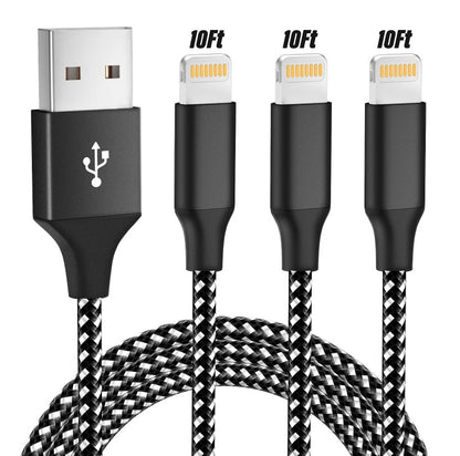3-PACK 10 FT USB Data Fast Charger Cable For Apple iPhone 5 6 7 8 X 11 12 13 MAX
